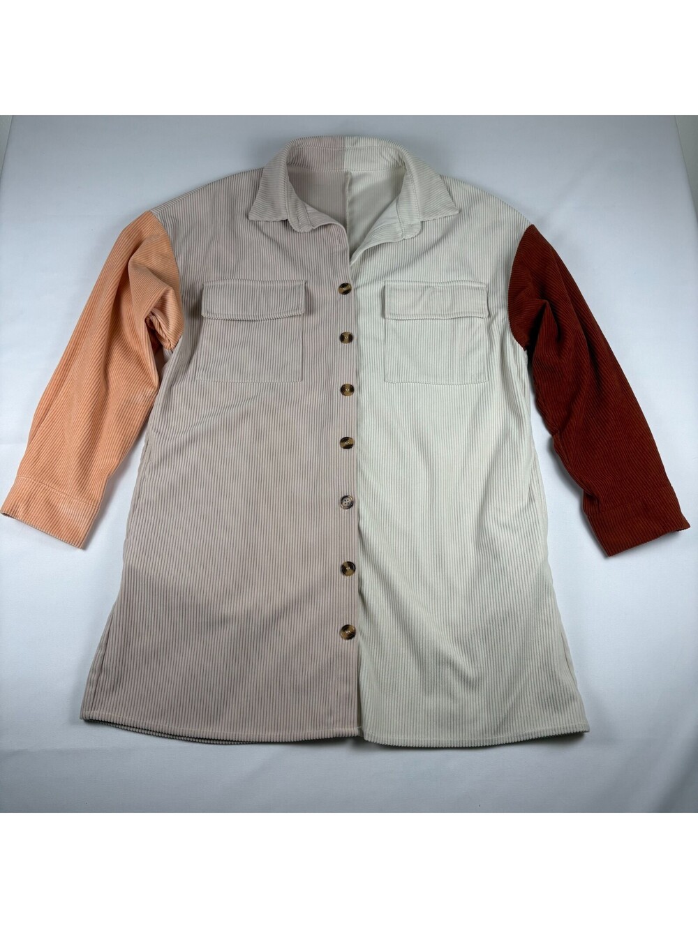 SHEIN Colorblock Corduroy Shacket Womens Medium Cream Rust Peach Contrast